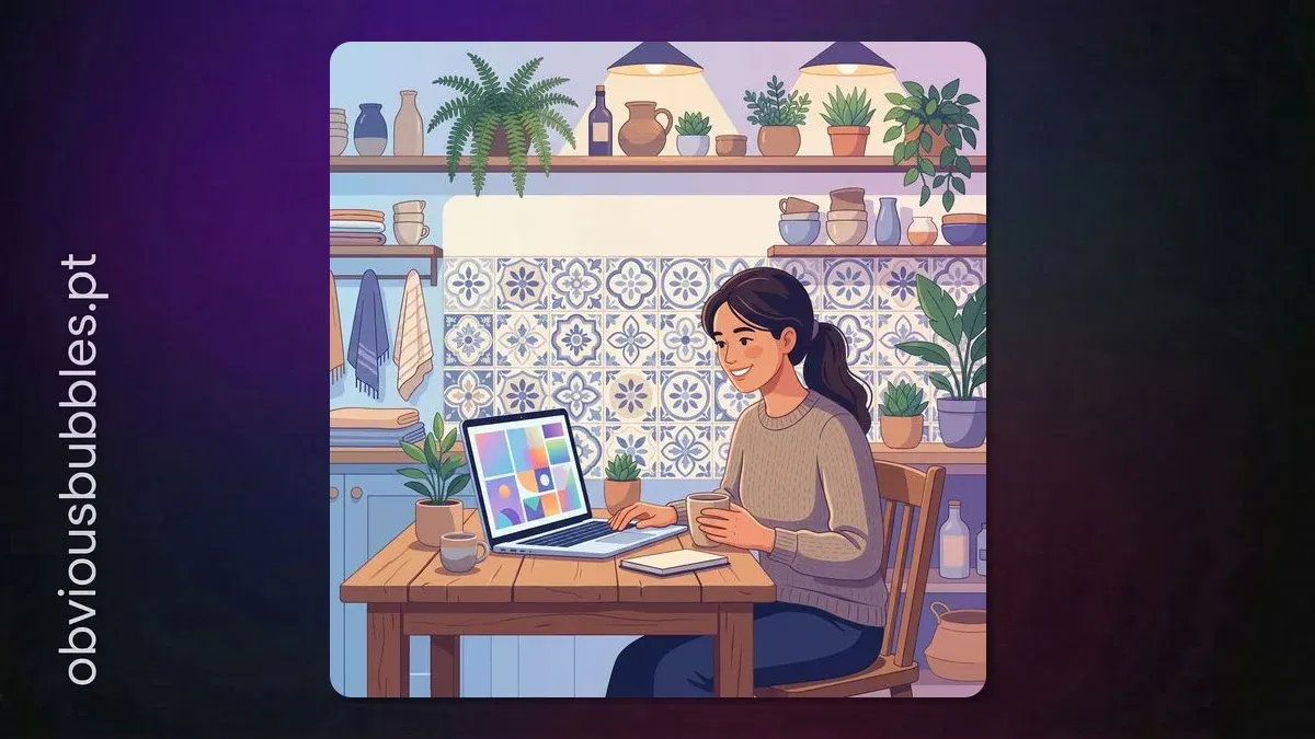 Dona de uma pequena empresa em Portugal a ver o site do seu negócio num portátil, numa loja de artesanato